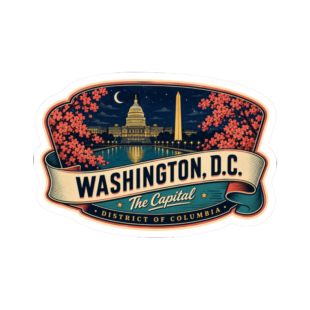 Luggage tag sticker featuring Washington D.C. skyline at night with pink blossoms and The Capitol text
