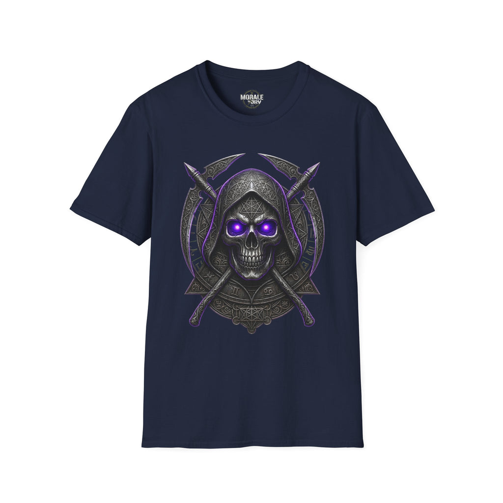 Navy crew neck T-shirt with skull emblem, crossed scythes, and glowing purple eyes.