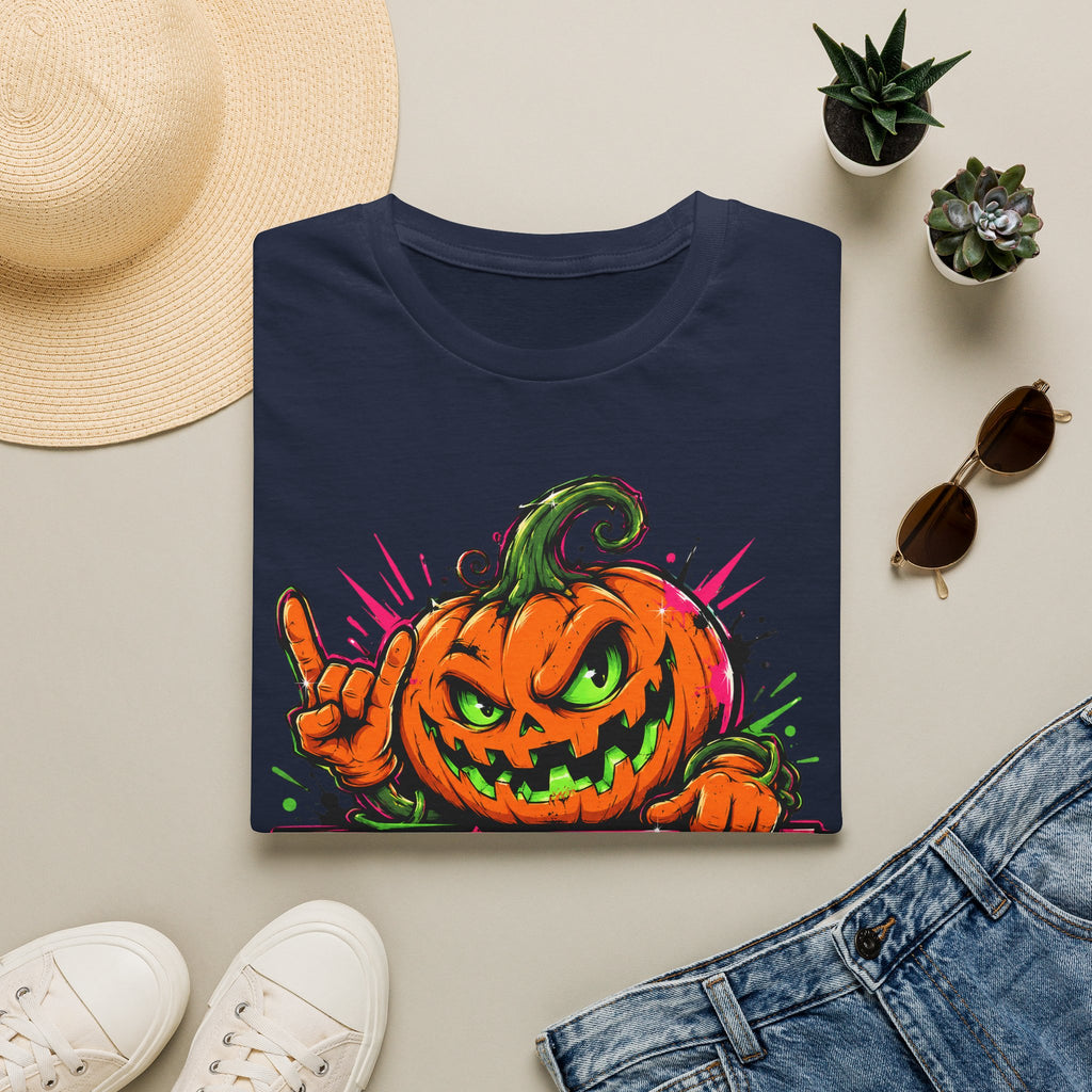 Navy short-sleeve T-shirt with colorful spooky jack-o-lantern graphic on chest