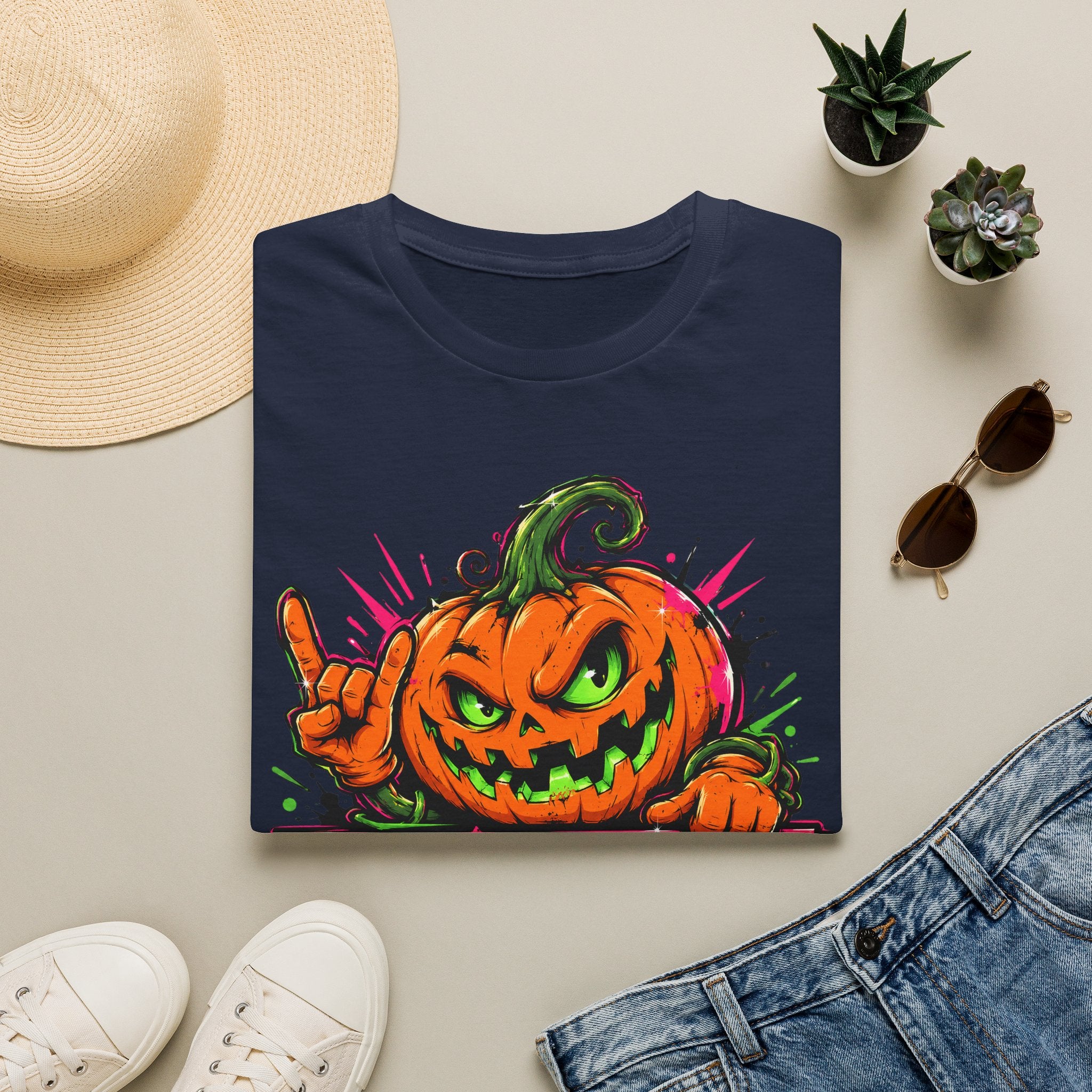 Navy short-sleeve T-shirt with colorful spooky jack-o-lantern graphic on chest