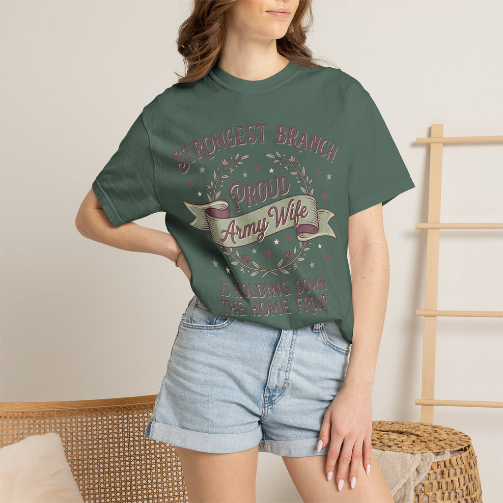 Women’s dark green t-shirt with wreath “Proud Army Wife” and “Strongest Branch” text
