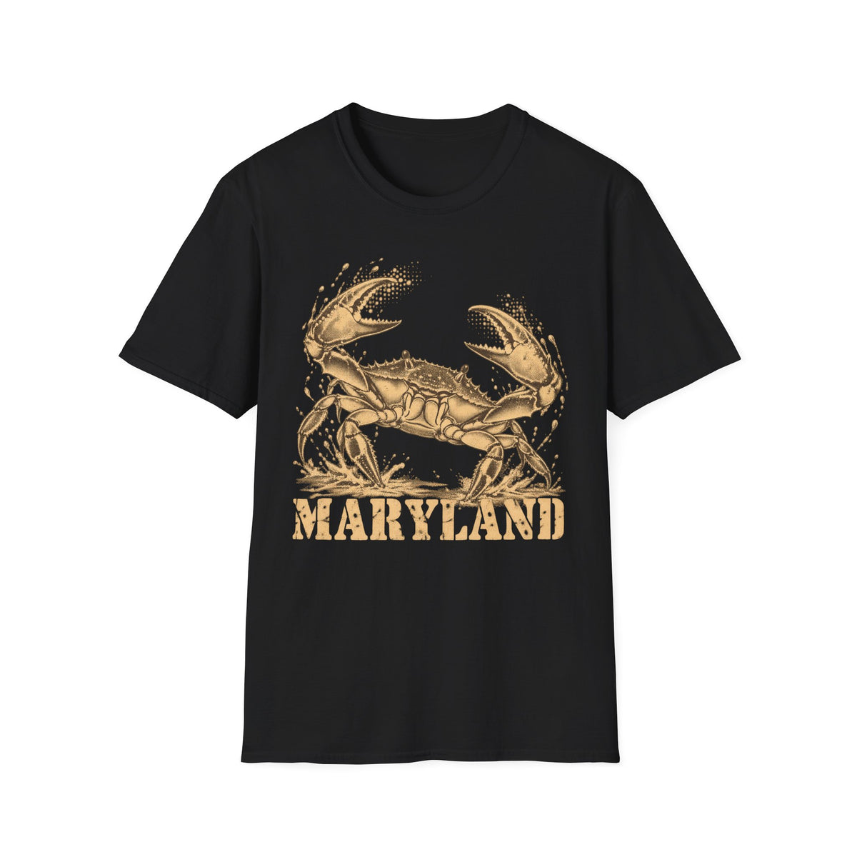 Black short-sleeve T-shirt with gold crab graphic and “Maryland” text