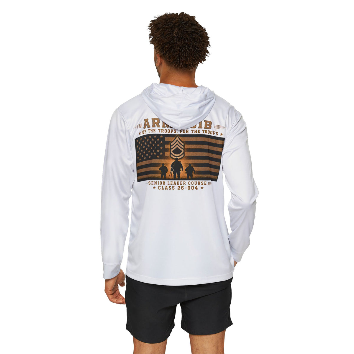 White pullover hoodie on model, large back graphic and hood