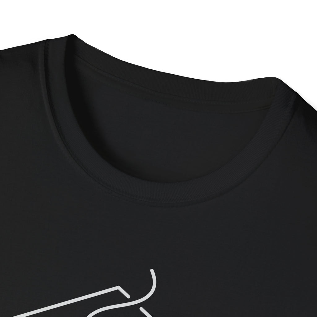 Black T-shirt crew neck with partial chest graphic lines near the collar