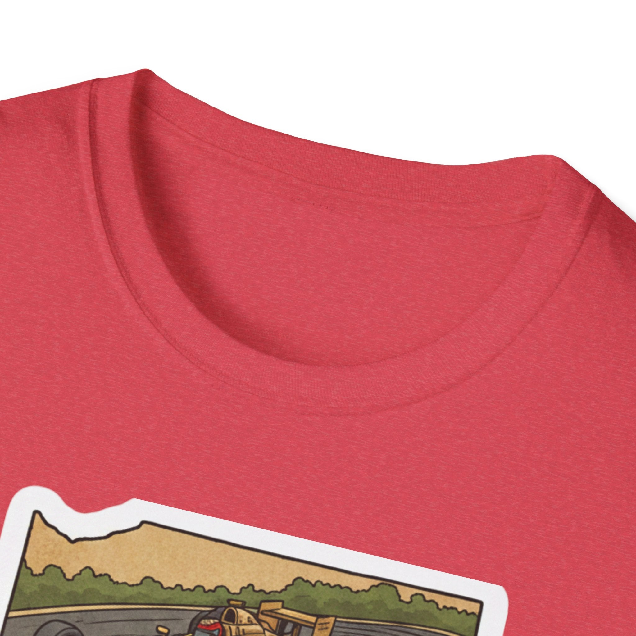 Red T-shirt collar close-up with top of Indiana race car graphic