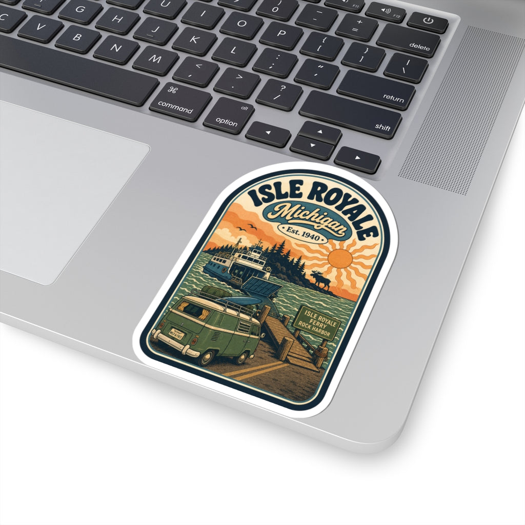 Isle Royale National Park kiss-cut sticker featuring Michigan arch text and camper van scene