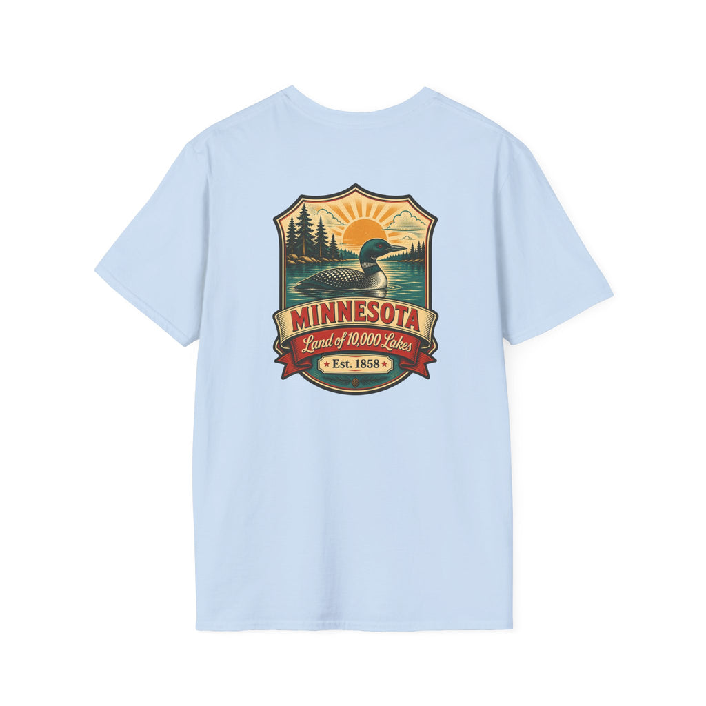 Light blue T-shirt with Minnesota retro lake badge graphic at chest