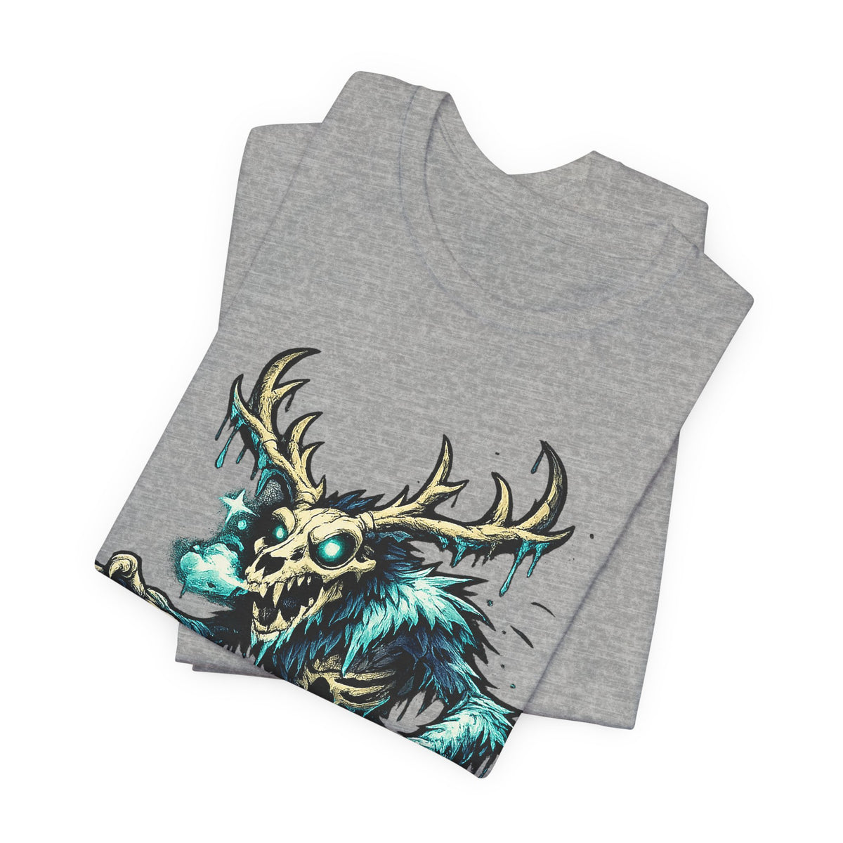 Heather gray crew-neck T-shirt with teal and blue deer skull monster graphic on front.
