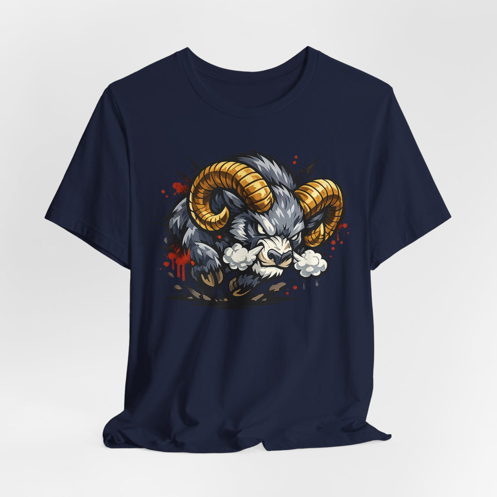 Navy short-sleeve t-shirt with charging ram head illustration, gold horns and white puffs