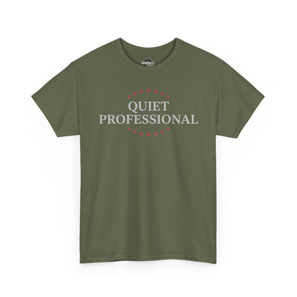 Military green crew-neck T-shirt with 'QUIET PROFESSIONAL' graphic