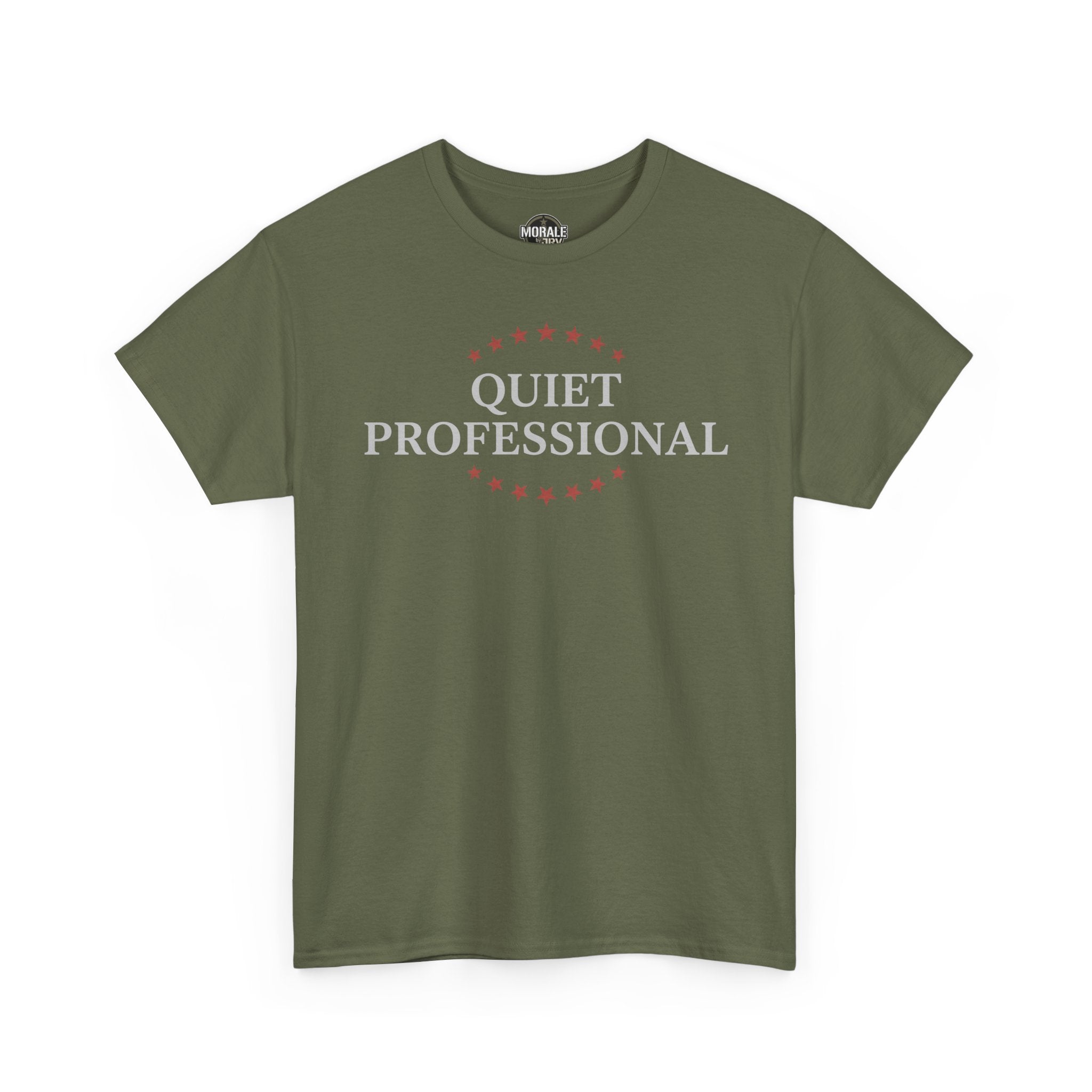 Military green crew-neck T-shirt with 'QUIET PROFESSIONAL' graphic