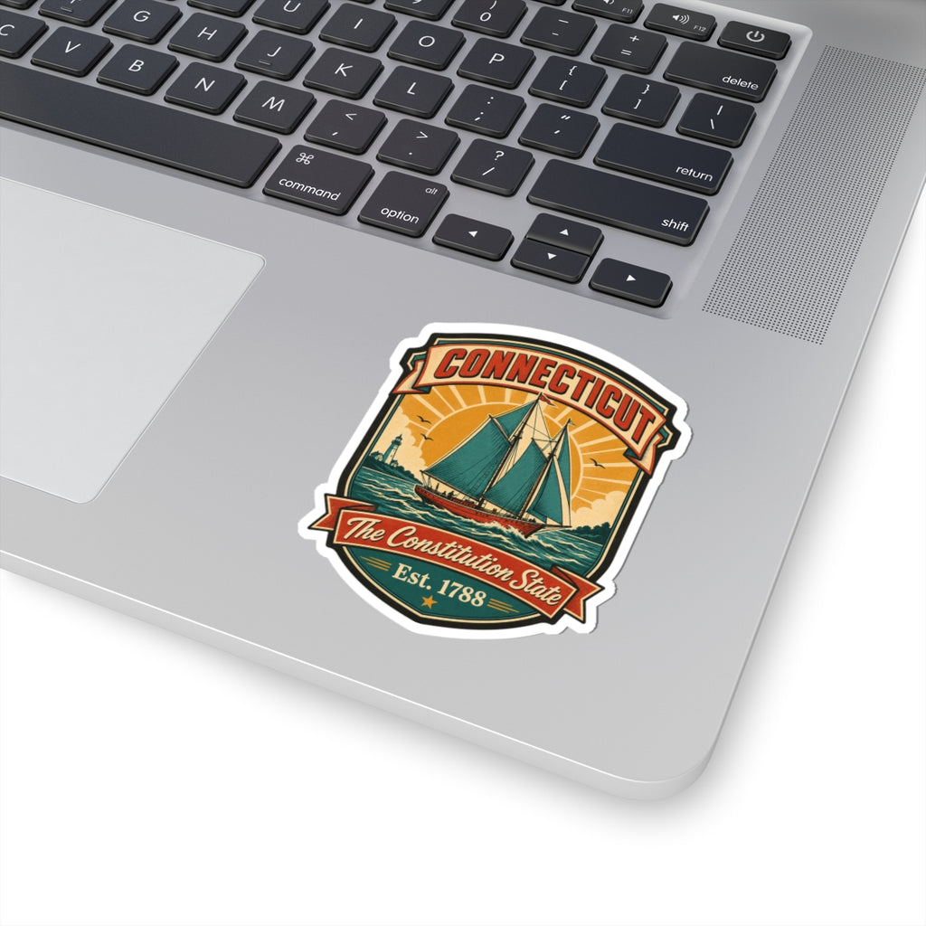 Die-cut Connecticut nautical decal with sailboat illustration and banner, Est. 1788