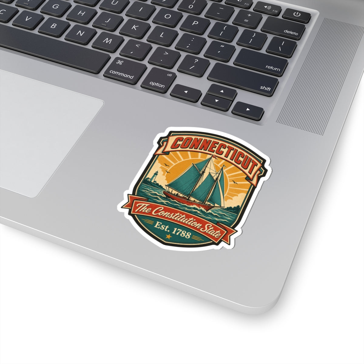 Die-cut Connecticut nautical decal with sailboat illustration and banner, Est. 1788