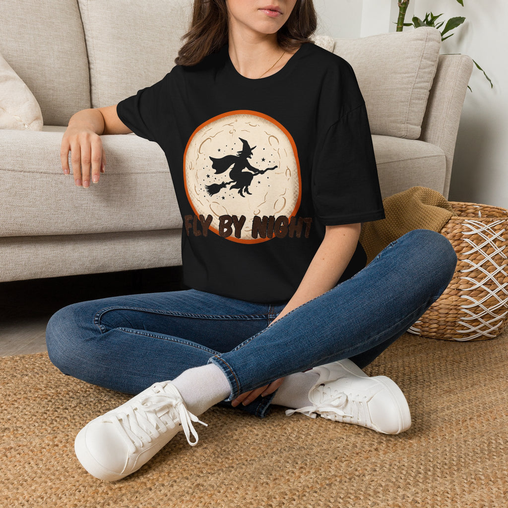 Black Fly By Night t-shirt with witch silhouette graphic in orange circle front print