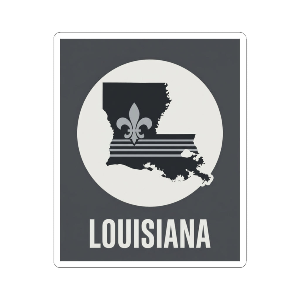 Louisiana fleur-de-lis kiss-cut sticker, black square design with white circle and word LOUISIANA