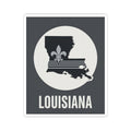 Louisiana fleur-de-lis kiss-cut sticker, black square design with white circle and word LOUISIANA
