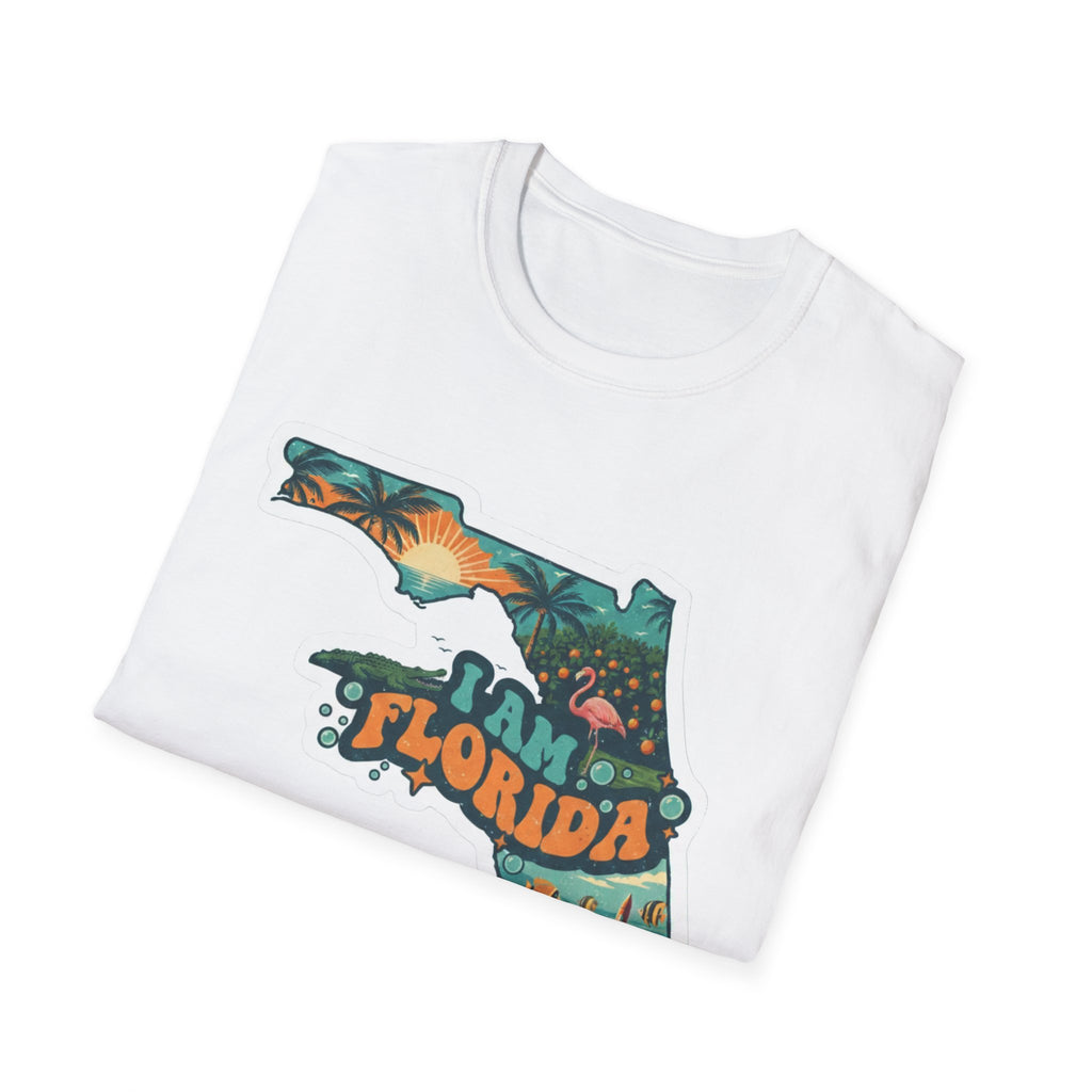 Florida T-shirt in white with Florida map tropical sunset graphic