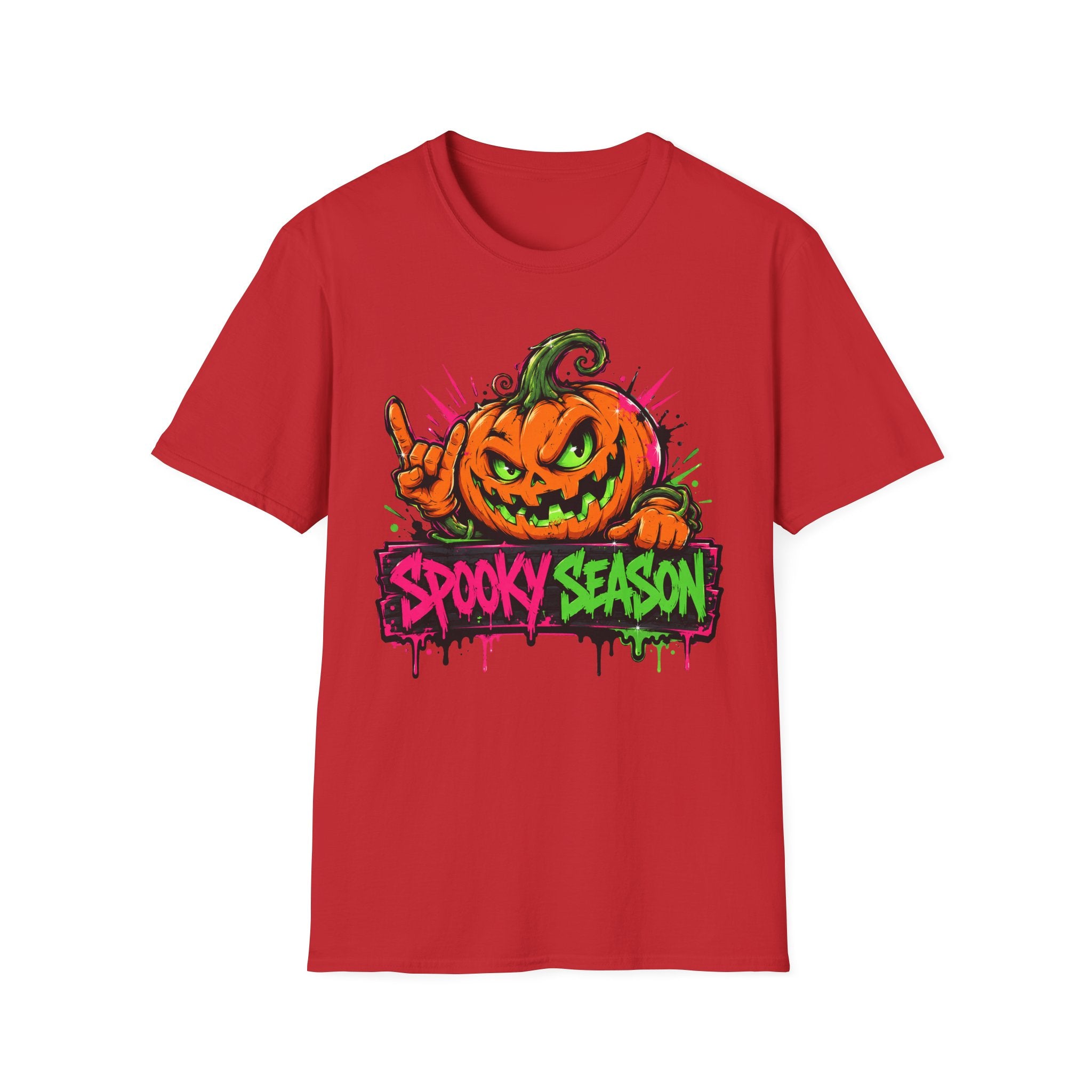 Red crewneck T-shirt with colorful jack-o-lantern 'Spooky Season' print