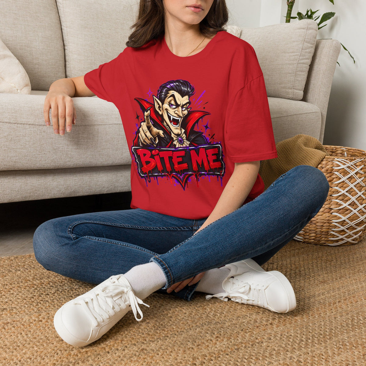 Red T-shirt with 'Bite Me' vampire graphic on front