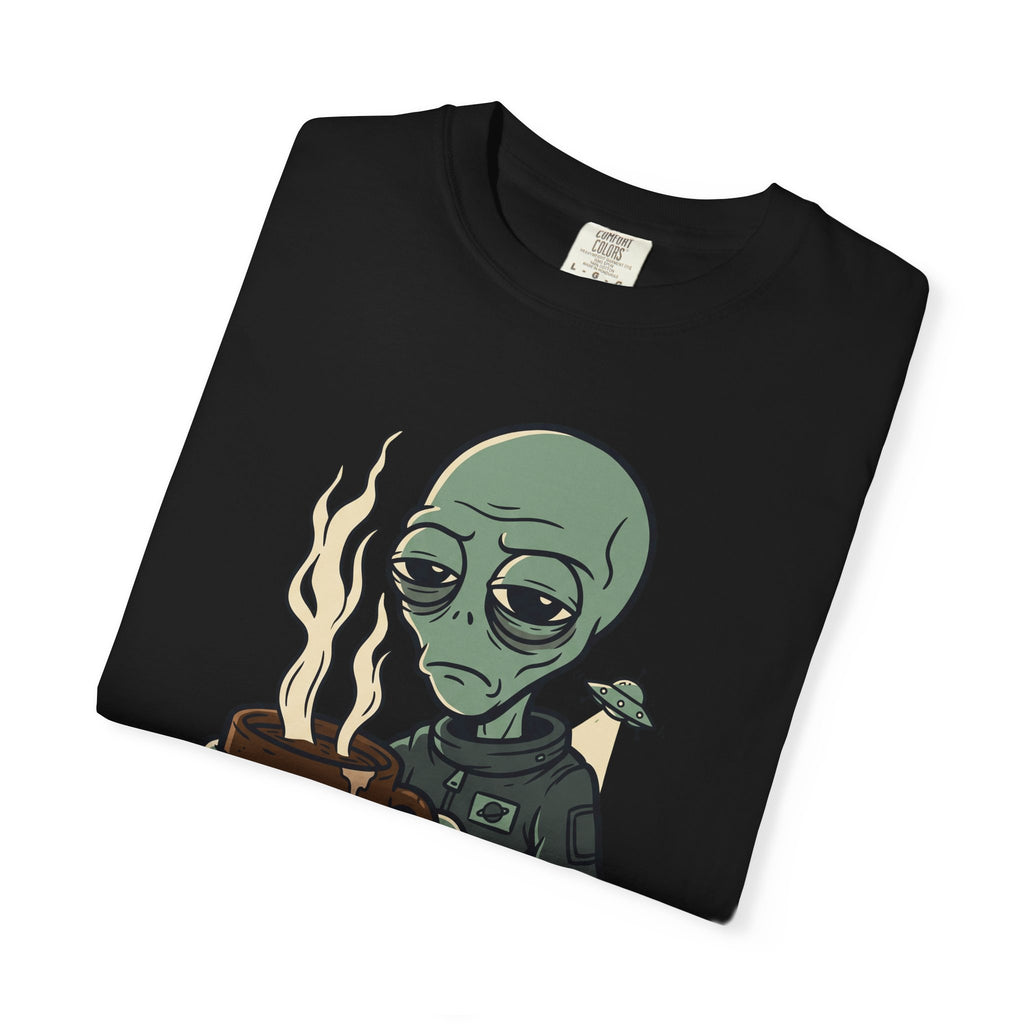 Black alien coffee graphic t-shirt with burning coffee cup and alien