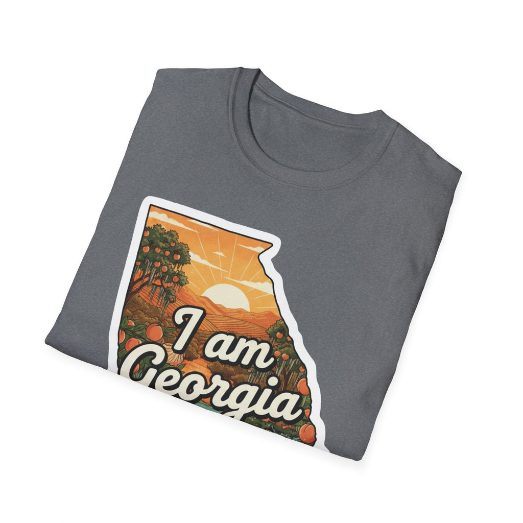 Heather grey T-shirt with 'I am Georgia' state-map sunset bulldog graphic