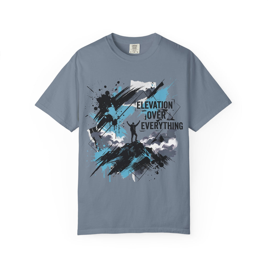 Steel blue crewneck graphic hiking T-shirt with mountain climber splatter print
