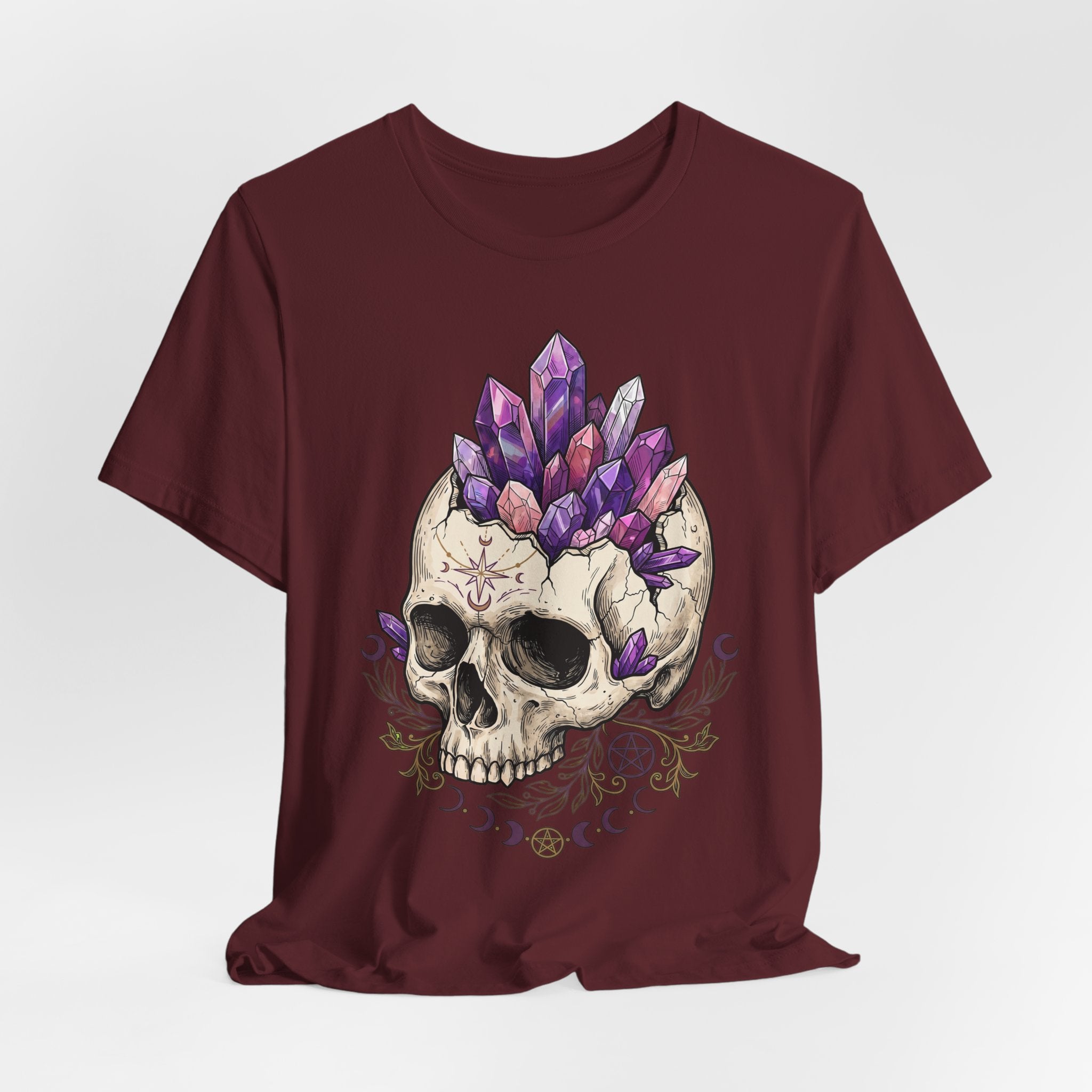 Amethyst crystal skull graphic T-shirt, maroon