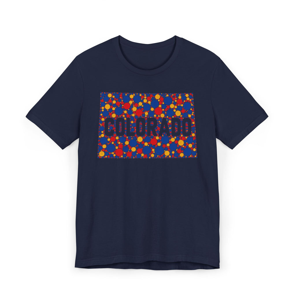 Navy crew-neck t-shirt with colorful patterned "COLORADO" graphic rectangle