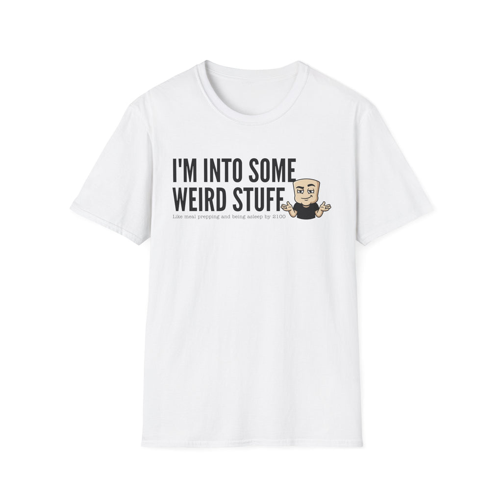 White T-shirt with 'I'm into some weird stuff' front graphic and cartoon character