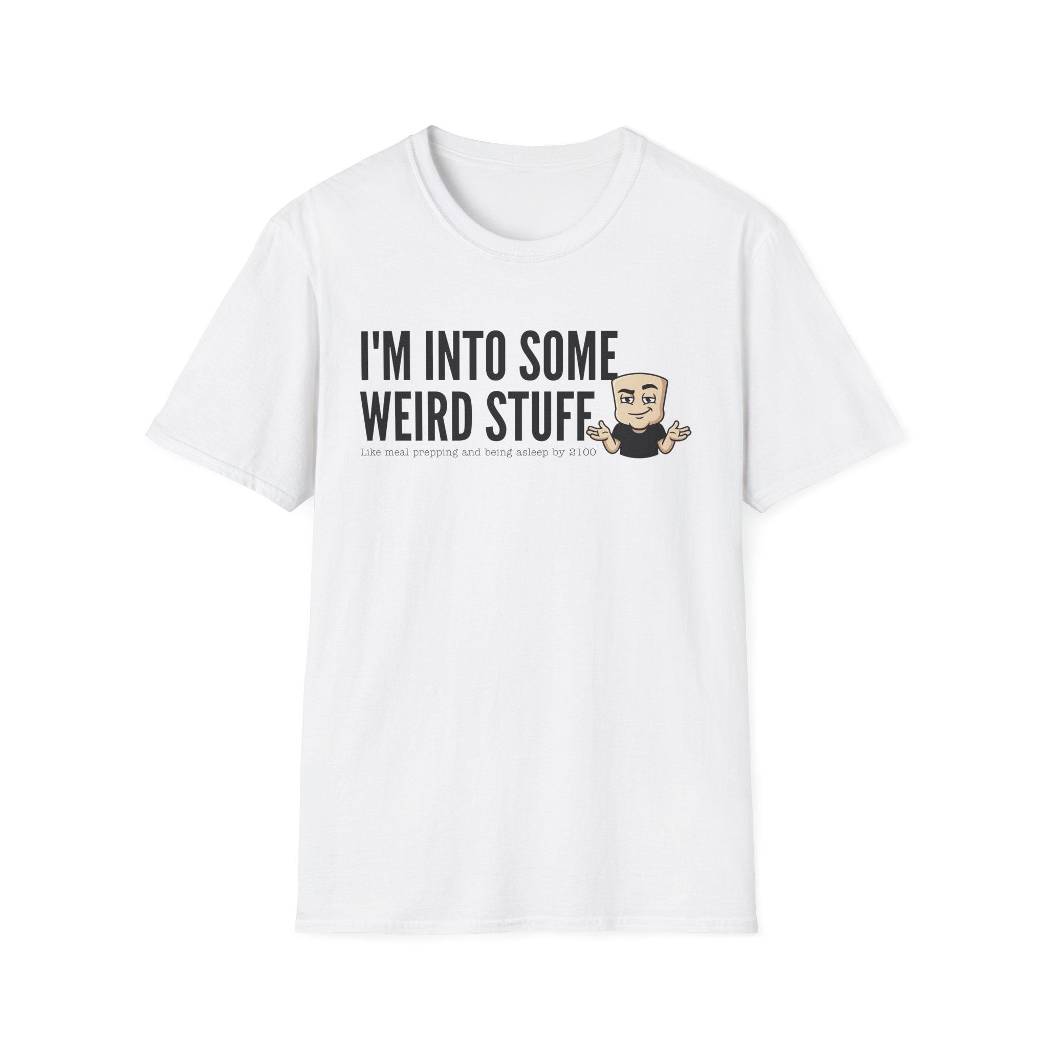 White T-shirt with 'I'm into some weird stuff' front graphic and cartoon character