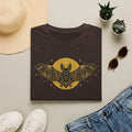 Dark brown graphic T-shirt with gold bat moon and winged stars