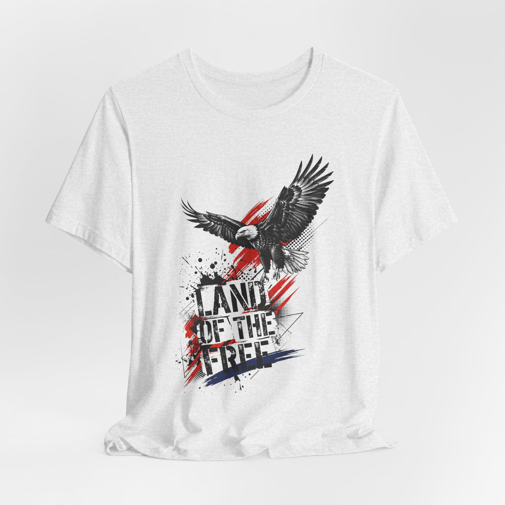 Heather gray crewneck t-shirt with black eagle wings graphic and distressed patriotic text