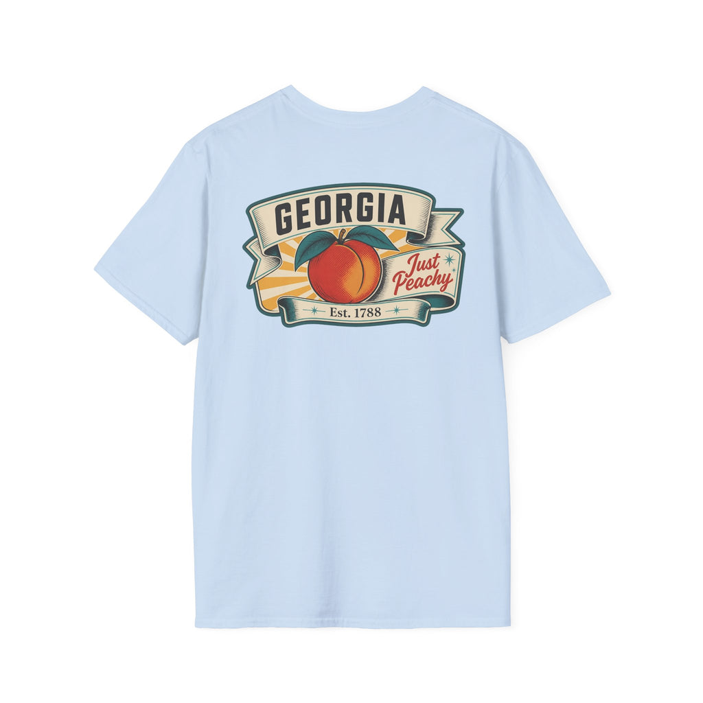 Light blue T-shirt with Georgia badge logo and peach fruit graphic on front