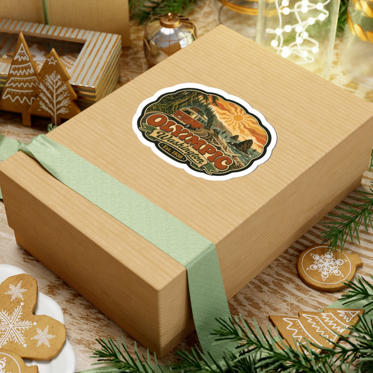 Die-cut sticker featuring retro “Olympic Washington” text over coastal scenery, Est. 1938