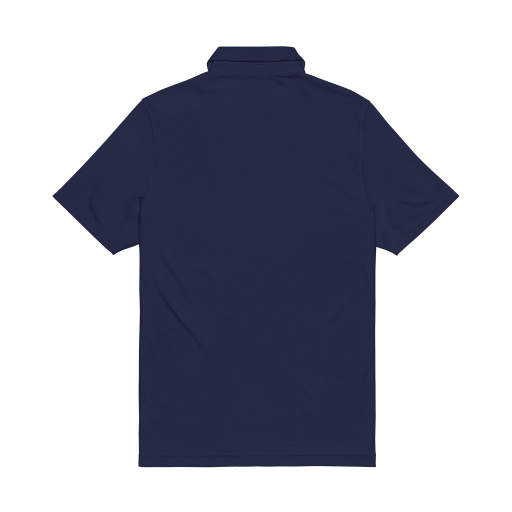 Navy men’s performance polo shirt, back view with short sleeves and collar