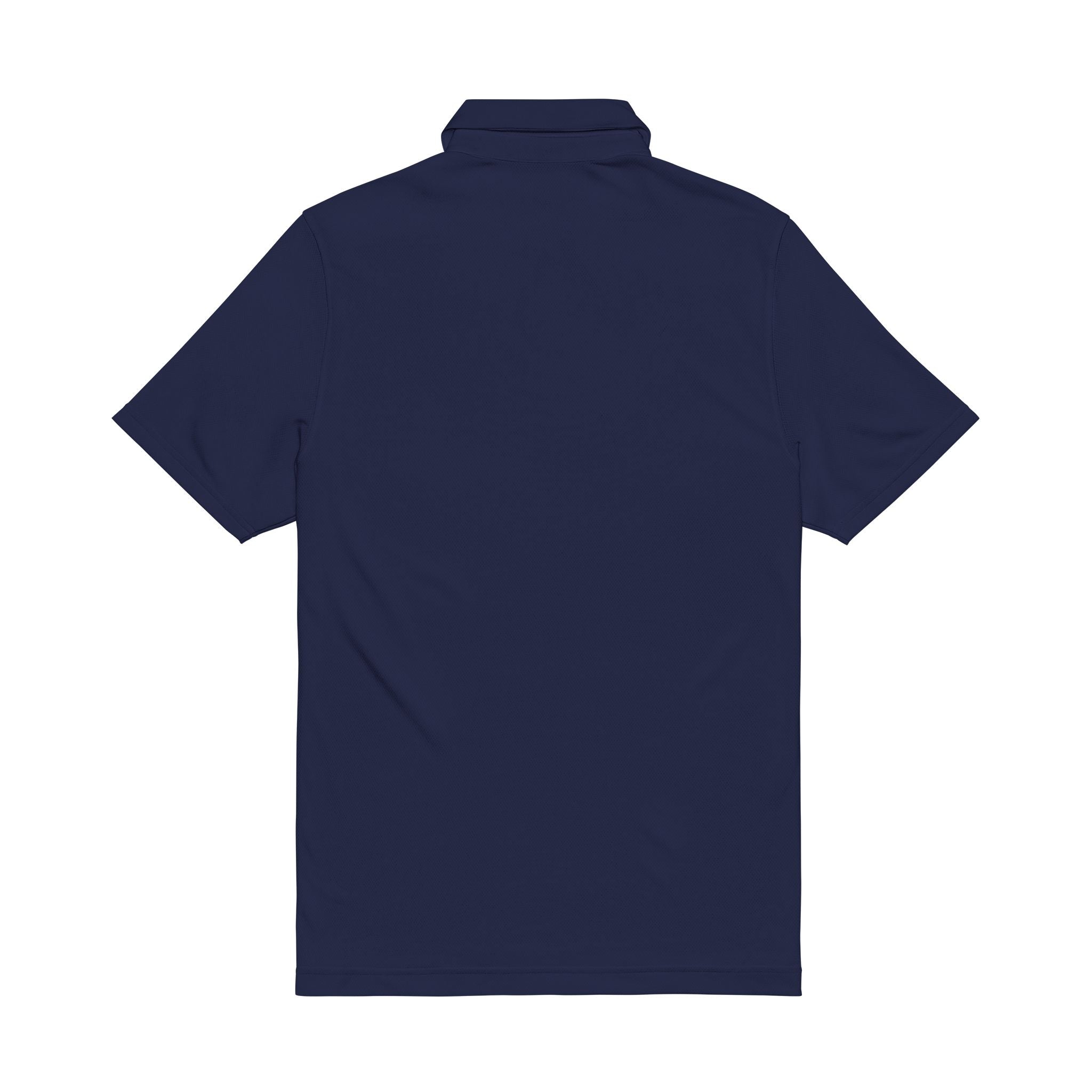 Navy men’s performance polo shirt, back view with short sleeves and collar