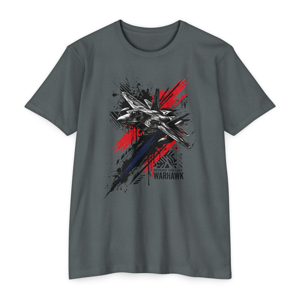 Crew neck T-shirt in blue-gray with warplane graffiti graphic in red, blue, and black.
