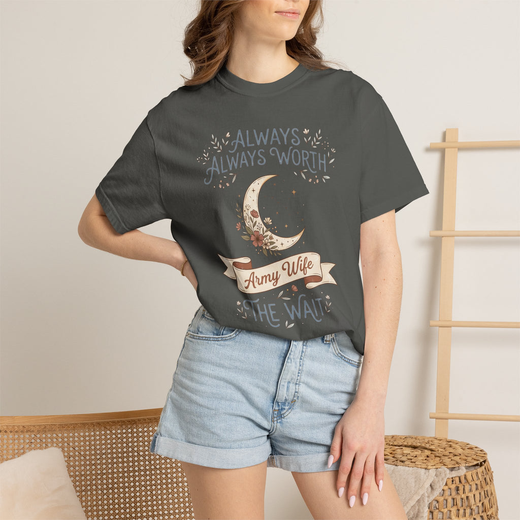T-shirt in dark gray with moon and “ALWAYS WORTH THE WAIT” graphic, worn by model.