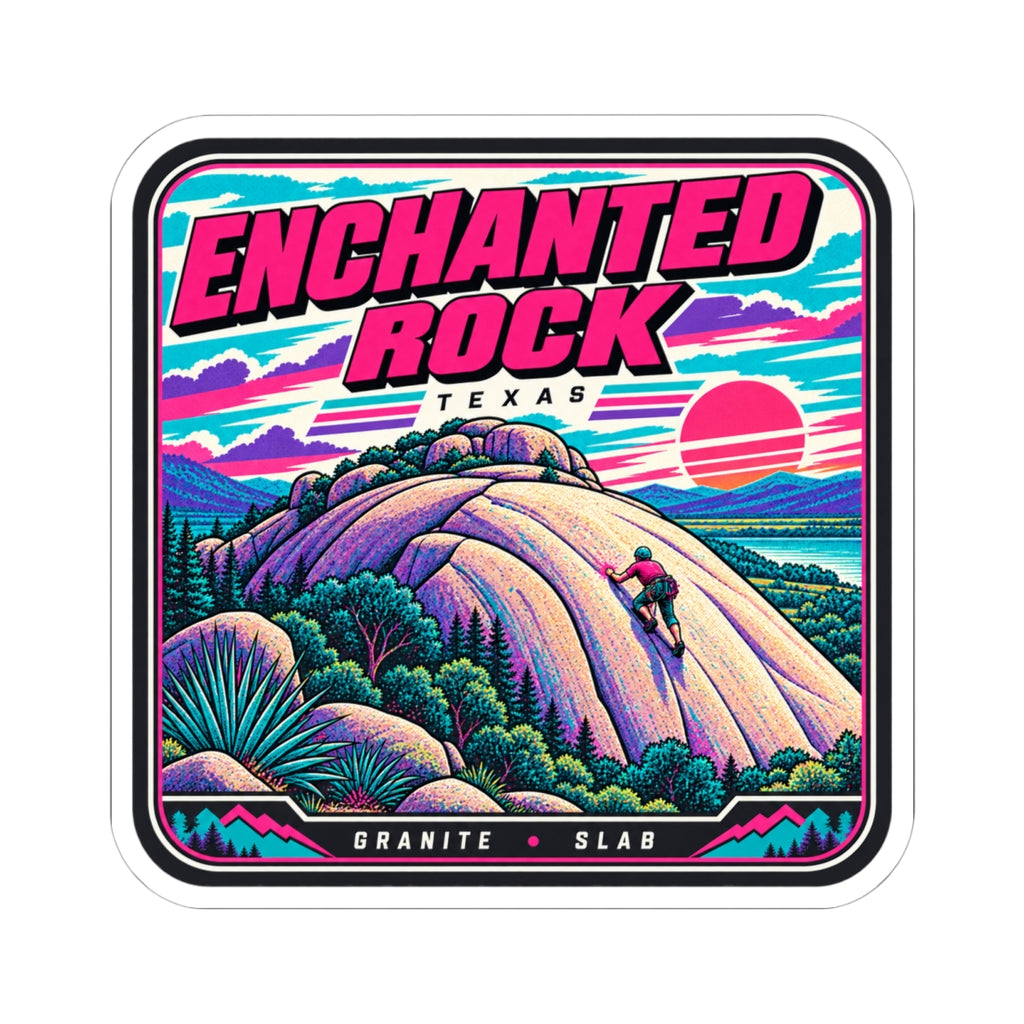 Square kiss-cut sticker with sunset sky, rock climber artwork, teal and magenta accents