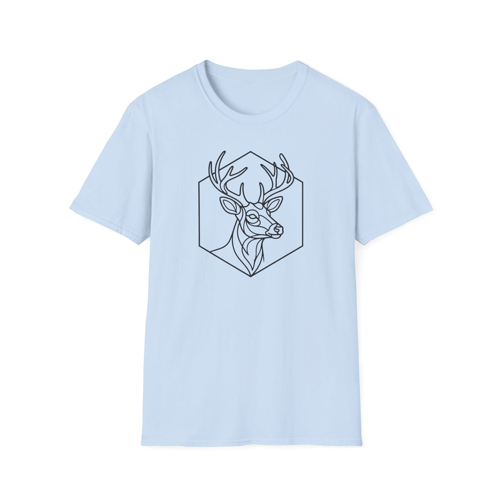 Light blue deer head line art graphic T-shirt with antlers inside hexagon