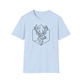 Light blue deer head line art graphic T-shirt with antlers inside hexagon