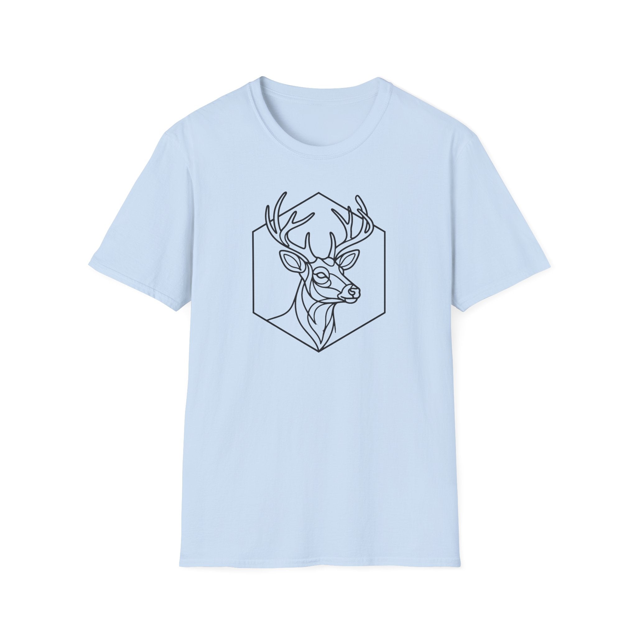 Light blue deer head line art graphic T-shirt with antlers inside hexagon