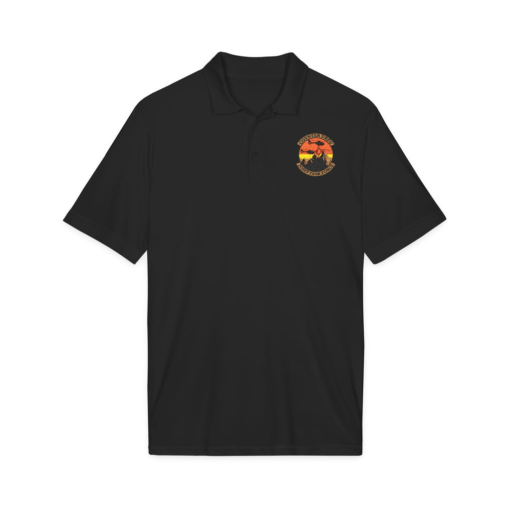 Black polo shirt with embroidered crest on chest, short sleeves, button placket