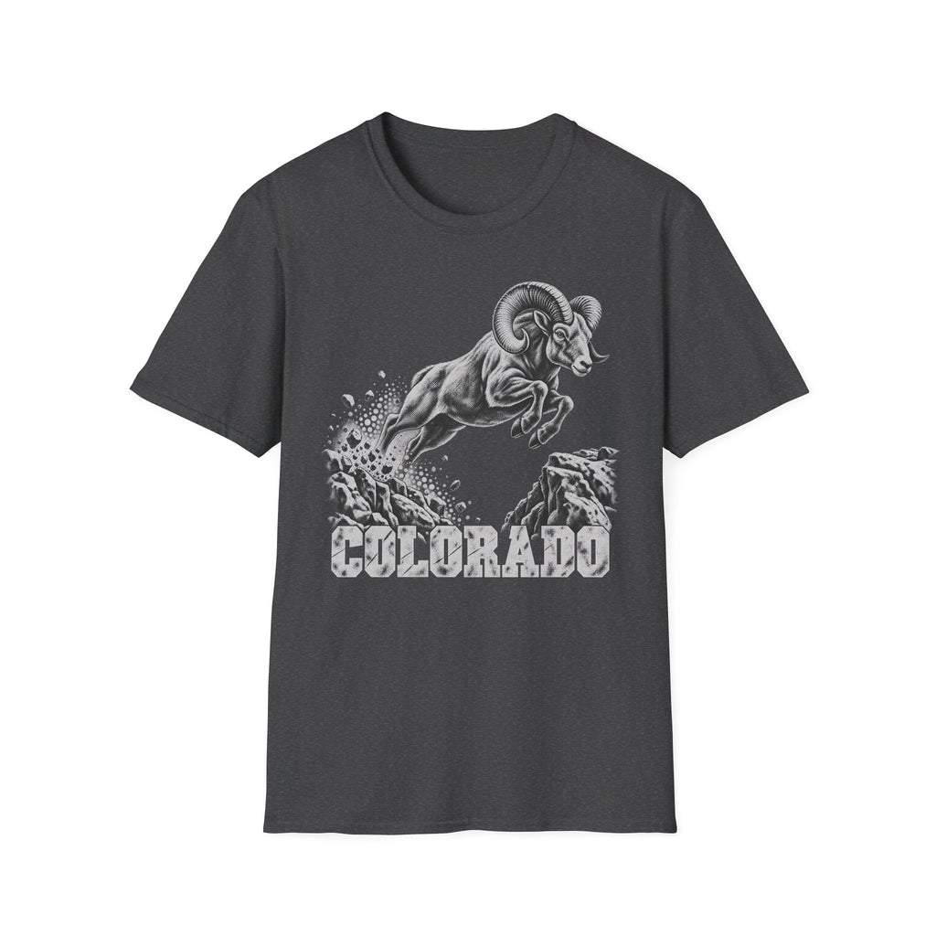Charcoal t-shirt with bighorn sheep and Colorado wildlife graphic on front