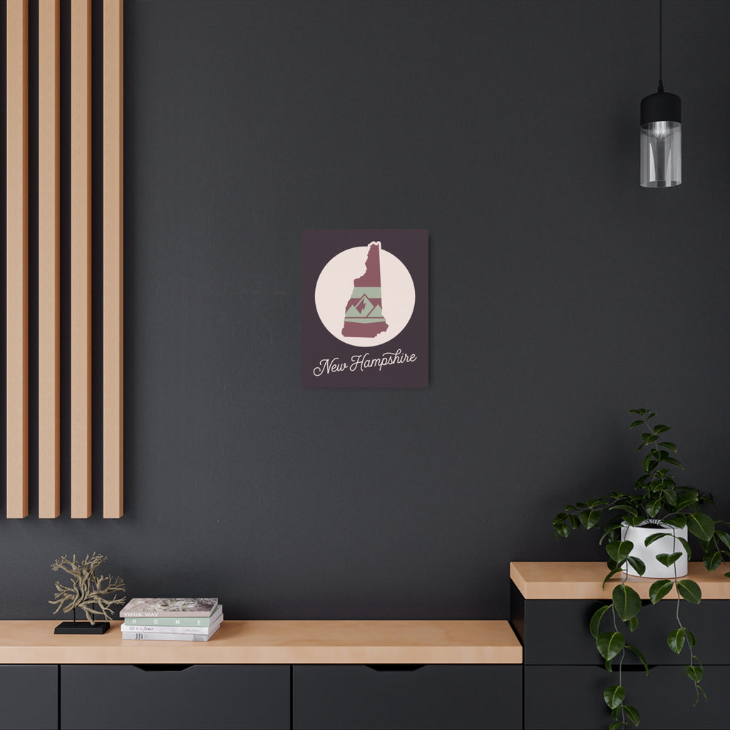 New Hampshire silhouette metal wall art with mauve accent, mounted square sign