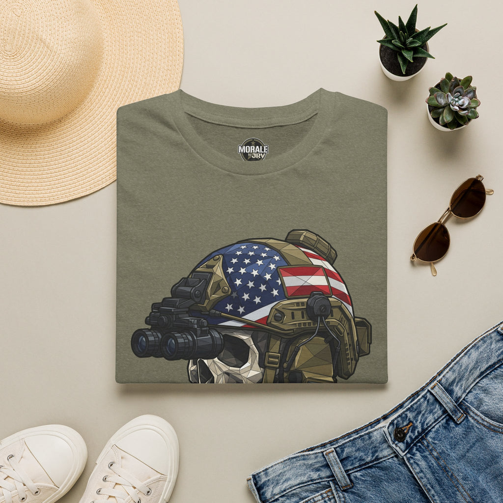 Heather military green crewneck T-shirt with patriotic skull helmet graphic on the front