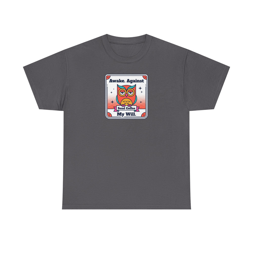 Charcoal gray T-shirt with centered owl and coffee graphic print