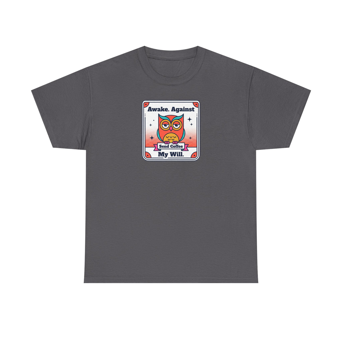 Charcoal gray T-shirt with centered owl and coffee graphic print