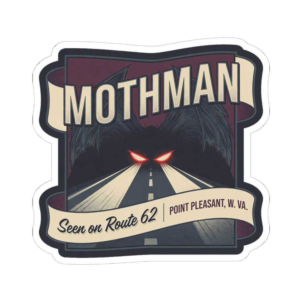 Die-cut Mothman sticker featuring a night road, red glowing eyes, and Route 62 label.