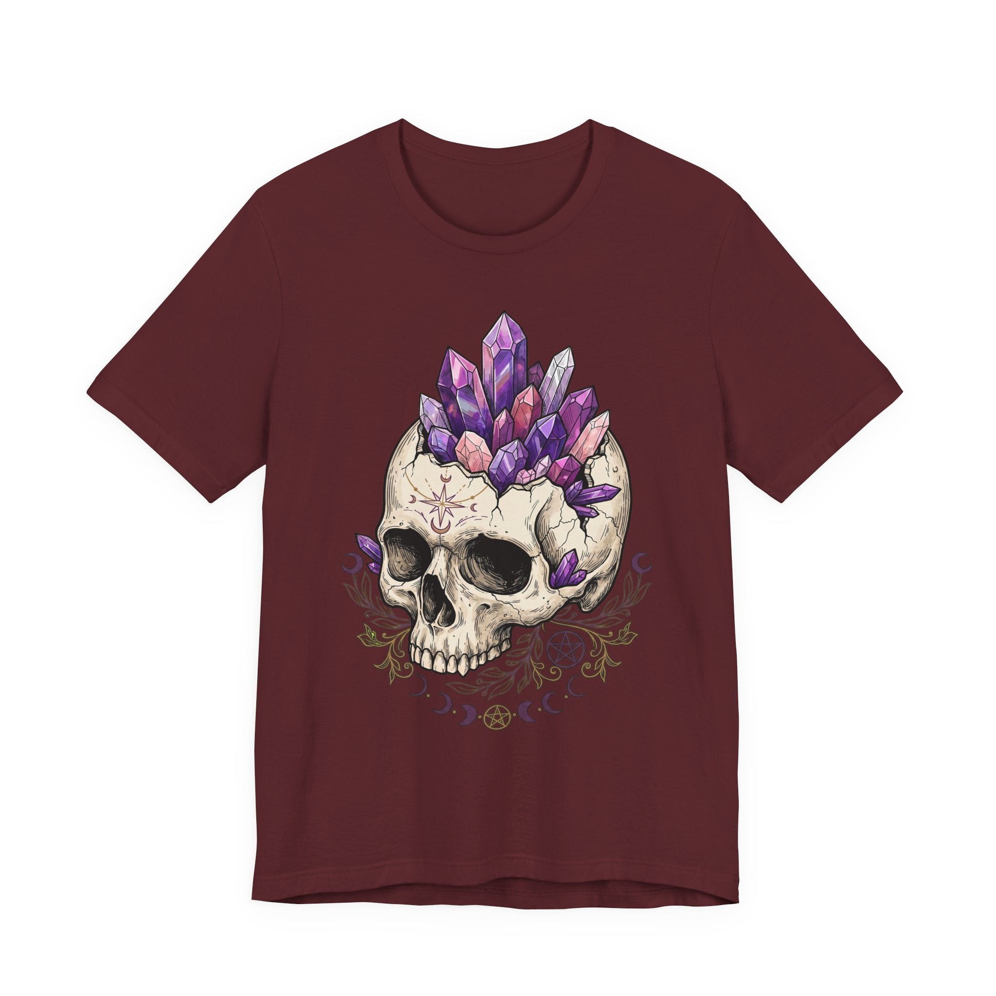 Maroon unisex T-shirt with purple crystal skull artwork and ornate occult details